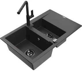 Mexen Gaspar, 1,5-komorový granitový drez 737x475x177 mm a drezová batéria Flora, čierna škvrnitá, 6507-76-670401-70-B