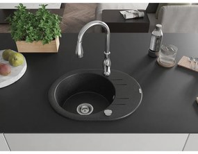 Mexen Kevin, granitový drez 586x458x190 mm, 1-komorový a drezová batéria Savita, čierna-strieborná metalíza, 6517-73-672601-00