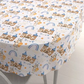 Biante Detský bavlnený oválny obrus Sandra SA-666 Modro-hnedé hrady a rytieri na bielom 50x100 cm