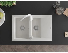 Mexen Gaspar, 1,5-komorový granitový drez s odkvapkávačom 74x48 cm a kuchynskou batériou Telma, biela, 6507-20-670200-20