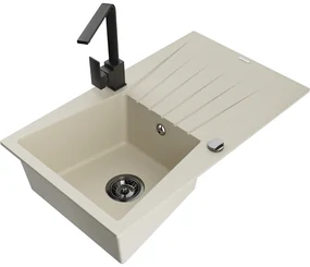 Mexen Cesar, granitový drez 775x470x190 mm, 1-komorový, béžová s čiernym sifónom a čierna drezová batéria Rita, 6514-69-670300-70