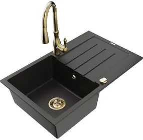 Mexen Bruno, 1-komorový granitový drez 795x495x200 mm a drezová batéria Savita, čierna-zlatá metalíza, 6513-75-672601-50