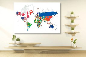 Obraz na korku mapa sveta s vlajkami s bielym pozadím