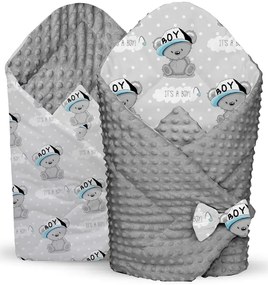 Obojstranná zavinovačka pre bábätká 80x80 cm BABYMAM PREMIUM - Medvedík Little BOY so sivou Minky