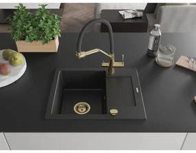 Mexen Enzo, granitový drez 576x465x174 mm, 1-komorový a drezová batéria Duo, čierna-strieborná metalíza, 6506-73-671701-57-G