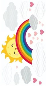 Veselá farebná detská nálepka na stene s pozitívnym motívom slniečka a dúhy