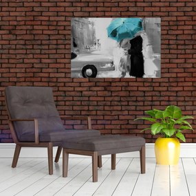 Obraz - Zamilovaný pár s dáždnikom, modrý (90x60 cm)