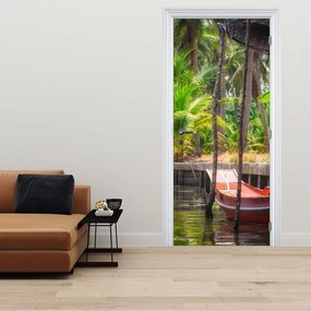 Fototapeta na dvere - Drevená loď na kanáli (95x205cm)