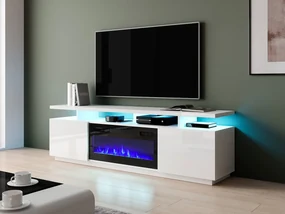TV skrinka Aniceto s krbom, Osvetlenie: osvetlenie LED, Farby: biela / biely lesk, Krb: čierny