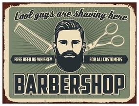 Zelená nástenná kovová ceduľa Barber Shop - 33*1*25 cm