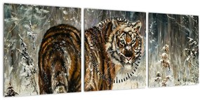 Obraz - Tiger v zasneženom lese, olejomaľba (s hodinami) (90x30 cm)