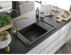 Mexen Elias, 1-komorový granitový drez s odkvapkávačom 795x480x200 mm a zlatá batéria Duero, čierna - zlatá metalíza, 6511-75-671600-50-B
