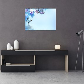 Sklenený obraz - Motýľ na kvetoch orchidey, modrý (70x50 cm)