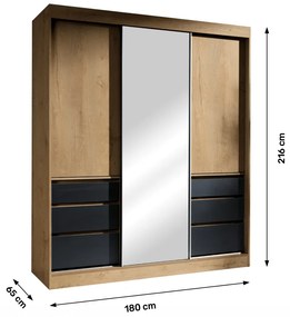Šatníková skriňa 180 so zrkadlom Romunald (dub lefkas + čierna). Vlastná spoľahlivá doprava až k Vám domov. 1016729