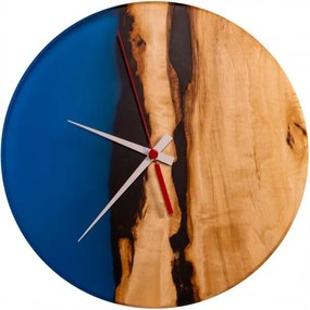 Drevené hodiny s epoxidovou živicou Ø 30CM - gaštan, modrá
