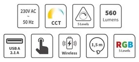 LED RGB Stmievateľná nabíjacia dotyková stolná lampa LED/7,5W/5V 2700-5300K biela