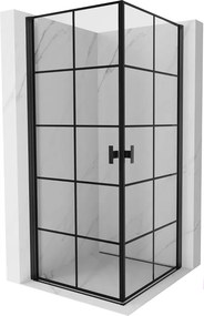 Mexen Mist-B Duo, 2-krídlový výklopný sprchový kút 90 x 90 cm, číre sklo-čierna mriežka, 8A2-090L-090P-70-77