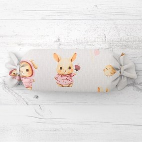 Biante Detský vankúš valec bonbon Sandra SA-538 Ružové zajačiky a vtáčiky na bielom 15x40 cm