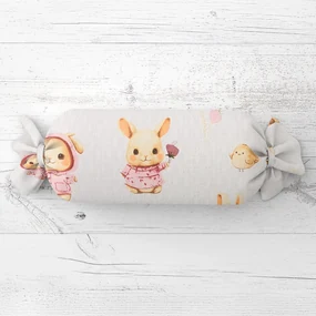 Biante Detský vankúš valec bonbon Sandra SA-538 Ružové zajačiky a vtáčiky na bielom 15x80 cm