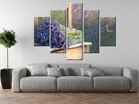 Gario Obraz s hodinami Kytica levandule - 5 dielny Rozmery: 150 x 105 cm