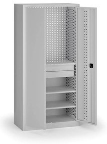 Policová dielenská skriňa 2-dverová, 3 police + 2 zásuvky, 1950 × 950 × 500 mm, sivé dvere