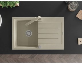 Mexen Bruno, drez granitový 795x495x200 mm, 1-komorový, béžová s chrómovým sifónom a béžovou drezovou batériou Rita, 6513-69-670300-69