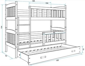 Poschodová posteľ s prístelkou KUBO 3 - 190x80cm Biela - Biela