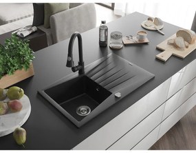 Mexen Cesar, 1-komorový granitový drez 775x470x190 mm a drezová batéria Elia, čierna, 6514-77-670101-70
