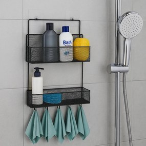 VERK GROUP Dvojposchodová závesná kovová polica do kúpeľne s 5 háčikmi, čierny ARGO