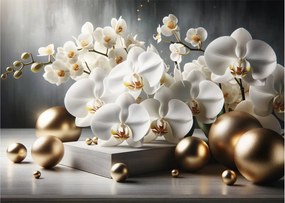 Sklenený obraz - Orchidea a zlaté gule (70x50 cm)