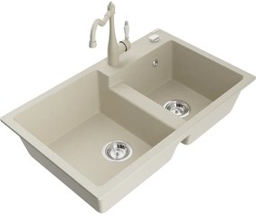 Mexen Tomas, granitový drez 800x500x190 mm, 2-komorový a drezová batéria Carla, béžová, 6516-69-670700-69