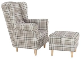 Kondela Kreslo, ušiak s taburetom, hnedé káro látka, ASTRID