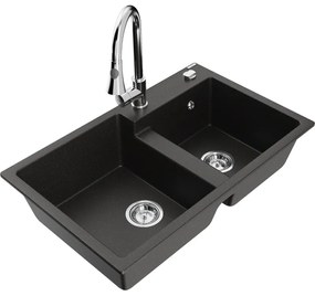Mexen Tomas, 2-komorový granitový drez 800x500x190 mm a drezová batéria Elia, čierna-zlatá metalíza, 6516-75-670101-00