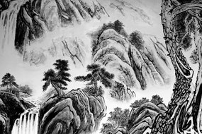 Obraz čínska krajinomaľba v čiernobielom prevedení - 60x40