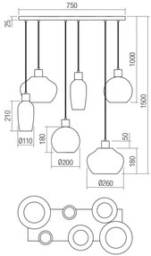 Redo 01-4047 - Luster na lanku ATLANTIS 6xE27/42W/230V čierna
