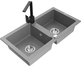 Mexen Mario, granitový drez 820x436x161 mm, 2-komorový, šedá s chrómovým sifónom a čierna drezová batéria Rita, 6504-71-670300-70