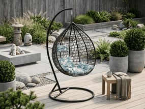 Čierne závesné kreslo KOKON so stojanom, zeleno-biely vankúš