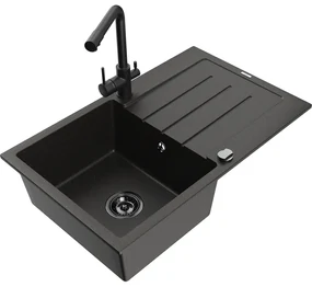Mexen Bruno, 1-komorový granitový drez s odkvapkávačom 795x495x200 mm a čierna batéria Duero, čierna-zlatá metalíza, 6513-75-671600-70-B