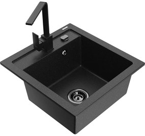 Mexen Vito, 1-komorový granitový drez 520x490x210 mm, čierna batéria Rita, čierna-strieborná metalíza, 6503-73-670300-70-B
