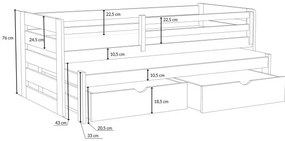Detská posteľ z masívu borovice JOLANA s prístelkou a šuplíky - 200x90 cm - BIELA