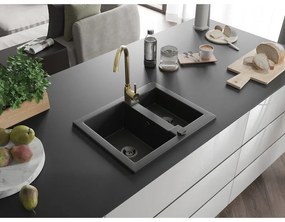 Mexen Carlos, granitový drez 582x475x177 mm, 1,5-komorový a zlatá drezová batéria Telma, čierna, 6518-77-670200-50-B