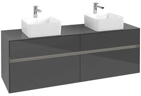 VILLEROY &amp; BOCH Collaro závesná skrinka pod dve umývadlá na dosku, 4 zásuvky, s LED osvetlením, 1600 x 500 x 548 mm, Glossy Grey, C052B0FP