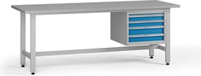 Výškovo nastaviteľný dielenský stôl G5, 2100 x 750 x 800-1000 mm, 1x kontajner, 4 zásuvky, modrá