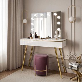 TOALETNÝ STOLÍK NESSIE SHINE BIELY LESK + ZLATÉ NOHY + LED