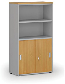 Kombinovaná kancelárska skriňa PRIMO GRAY, zasúvacie dvere na 2 poschodia, 1434 x 800 x 420 mm, sivá/buk