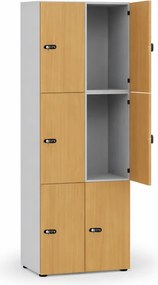 Drevená šatníková skrinka S4 s úložnými boxmi, 6 boxov, demont, mechanický kódový zámok, sivá/breza