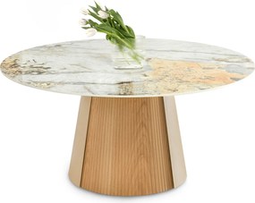 Elegantný okrúhly keramický stôl DONAT 160 sivý mramor + dub
