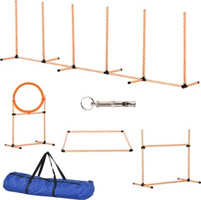 PawHut 4-dielna súprava na agility pre psov - Agility hra pre psov so slalomovými tyčami, odpočinkovou zónou, plotom a oranžovým skokovým kruhom | Aos