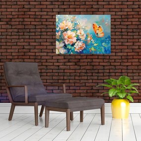 Sklenený obraz - Motýľ a kvety, olejomaľba II. (70x50 cm)