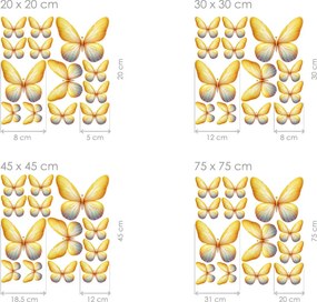 Motýle svetlo žlté 13ks textilní prelepiteľné nálepky na stenu list 20 × 20 cm